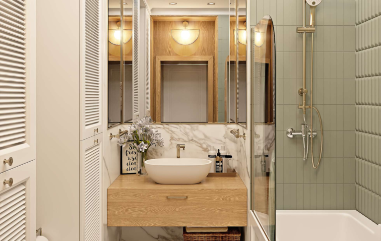 bathroom sink on wooden countertop